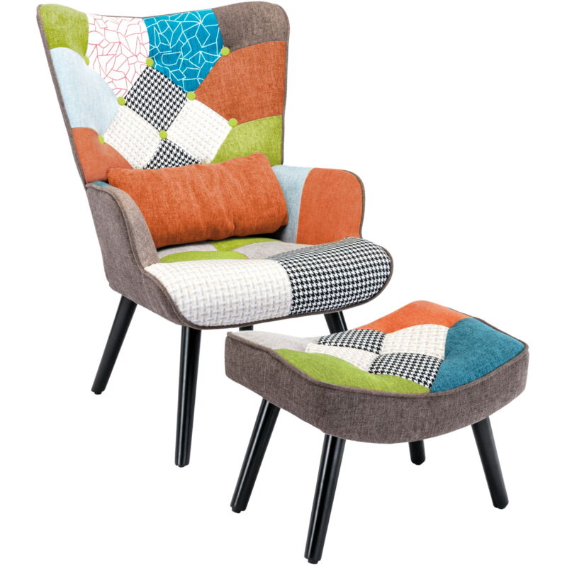 Fauteuil Salon Patchwork avec Repose Pieds en Tissu Lin Multicouleur, Fauteuil Scandinave en Bois Massif avec Support Lombaire, Lin