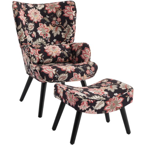 Fauteuil HomeMiYN avec Coussin et Pouf–Canapé d'angle pour Salon–Design Noir et Fleurs Rouges
