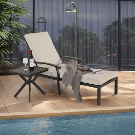 Fauteuil inclinable avec coussin d'assise en coton, angle d'inclinaison réglable, structure robuste en aluminium, beige