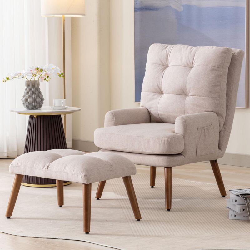 Fauteuil relax, avec repose-pieds, inclinable, dossier réglable en 5 positions, rangement latéral, fauteuil de tv capitonné en Tissu - Beige