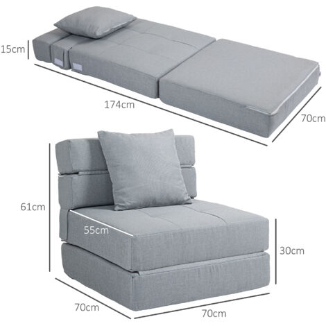 Fauteuil inclinable convertible en lit, avec 1 coussin, 70 cm x 70 cm x 61 cm, gris clair