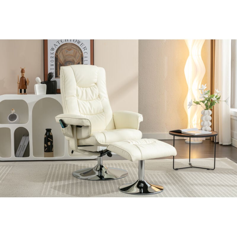 Okwish - Fauteuil inclinable de massage rembourré en pu avec repose-pieds ottoman avec masseur à 5 points pour salon et chambre à coucher, beige