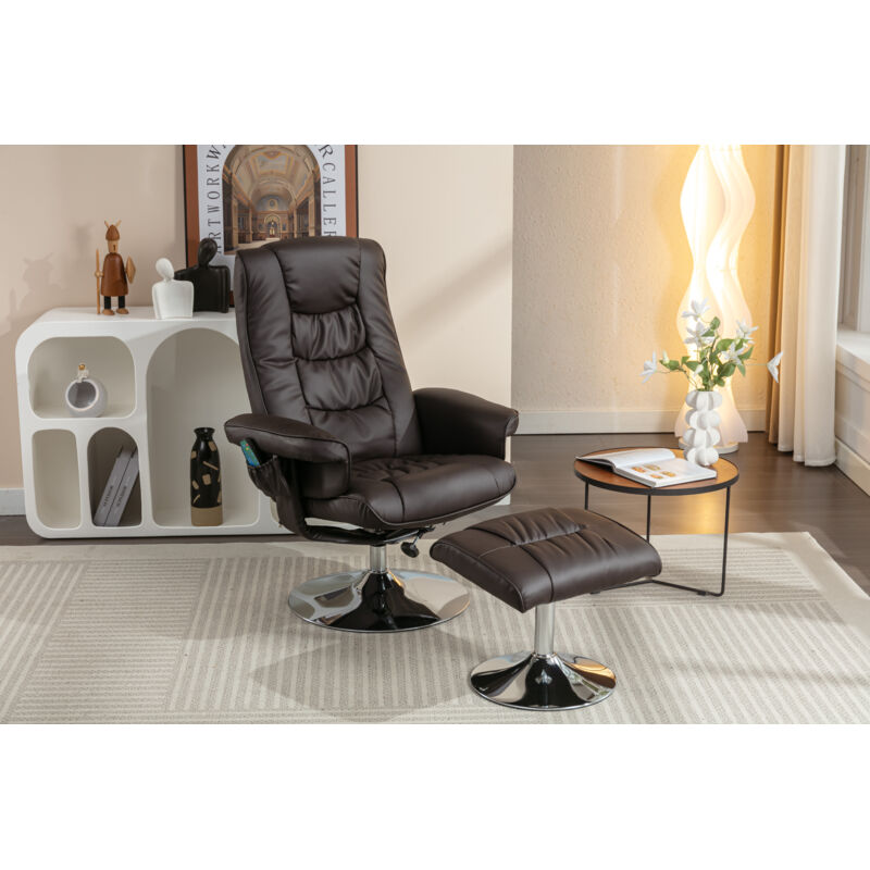 Okwish - Fauteuil inclinable de massage rembourré en pu avec repose-pieds ottoman avec masseur à 5 points pour salon et chambre à coucher, marron