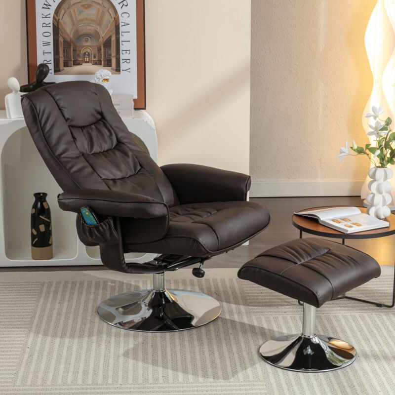 Redom - Fauteuil inclinable de massage rembourré en pu avec repose-pieds ottoman avec masseur à 5 points pour salon et chambre à coucher, marron