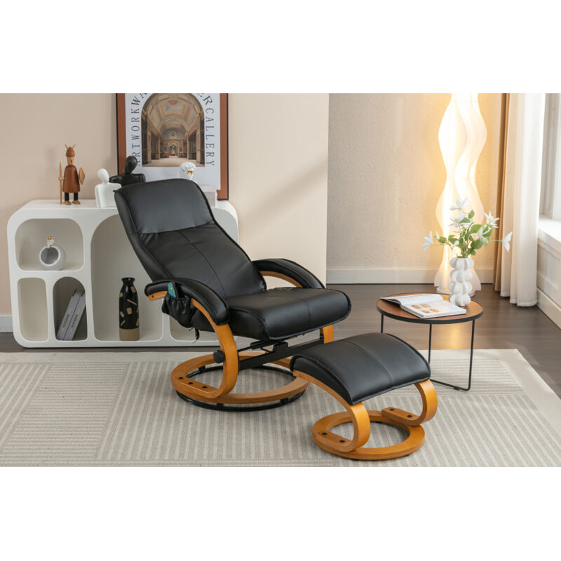 Fauteuil inclinable de massage rembourré en pu avec repose-pieds ottoman, masseur à 5 points, base en bois courbé pour salon et chambre à coucher,