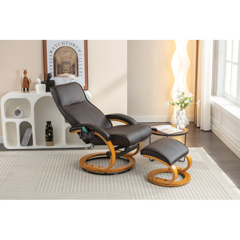 Fauteuil inclinable de massage rembourré en pu avec repose-pieds ottoman, masseur à 5 points, base en bois courbé pour salon et chambre à coucher,