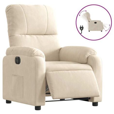 Fauteuil inclinable électrique beige, en tissu microfibre.