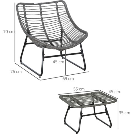 Fauteuil inclinable en rotin avec repose-pieds, chaise de jardin avec coussins épais, chaise d'extérieur en rotin pour jardin, balcon, terrasse, gris