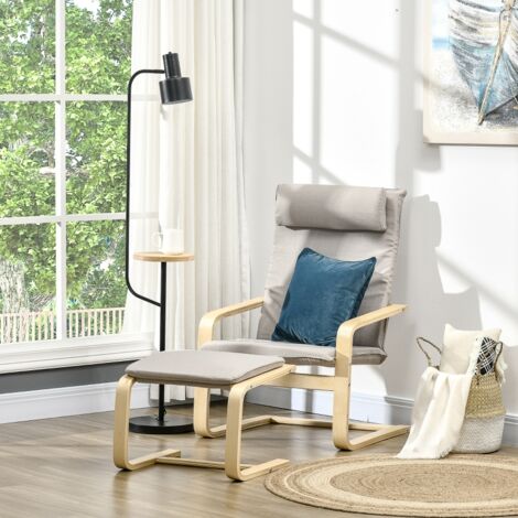 Fauteuil inclinable HOMCOM avec repose-pieds, bois et tissu, avec appui-tête, 67 x 69 x 100 cm, gris
