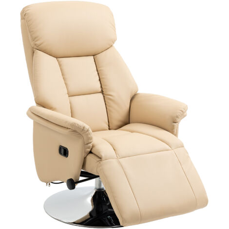 Fauteuil inclinable pivotant réglable avec repose-pieds, accoudoirs, piètement acier chromé, revêtement similicuir beige