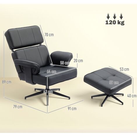 Fauteuil inclinable réglable avec repose-pieds, revêtement en simili cuir, appui-tête réglable en hauteur, base en métal, noir