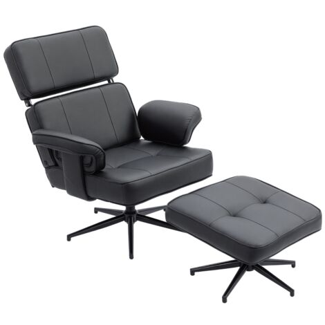 Fauteuil inclinable réglable avec repose-pieds,couvre-cuir synthétique,appuie-tête à hauteur réglable,base métallique,noir