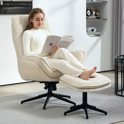 Fauteuil inclinable velours côtelé beige pivotant 360° avec tabouret,confortable et élégant pour salon et chambre.