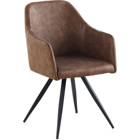 Fauteuil industriel marron en simili cuir et pieds métal noir - marron cuir vieilli