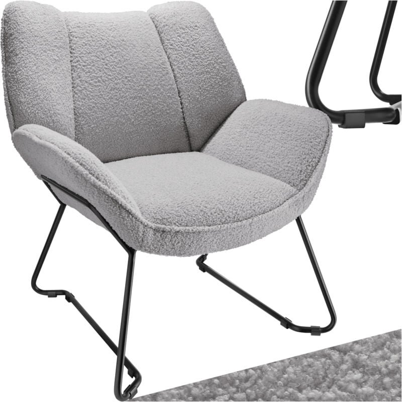 Fauteuil revêtement rembourré en bouclettes dossier large gris clair