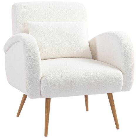 Fauteuil lecture rembourré blanc crème polaire, coussin lombaire pieds métal, chaise confortable salon chambre design cosy
