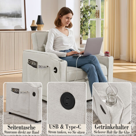 Fauteuil-lit 3 en 1 190cm USB/Type-C,porte-gobelet inox,dossier 3 positions,poches latérales petits espaces