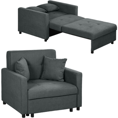 Fauteuil-lit en velours gris avec 2 coussins et espace de rangement, 100 x 98 x 88 cm