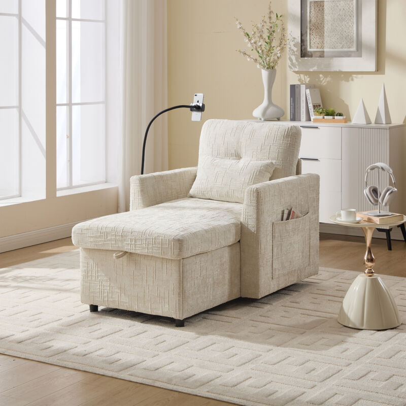 Fauteuil-Lit Moderne Fauteuil Relax avec Rangement, Support de Téléphone Canapé 1 Place pour Salon Chambre - Tissu Chenille - Beige