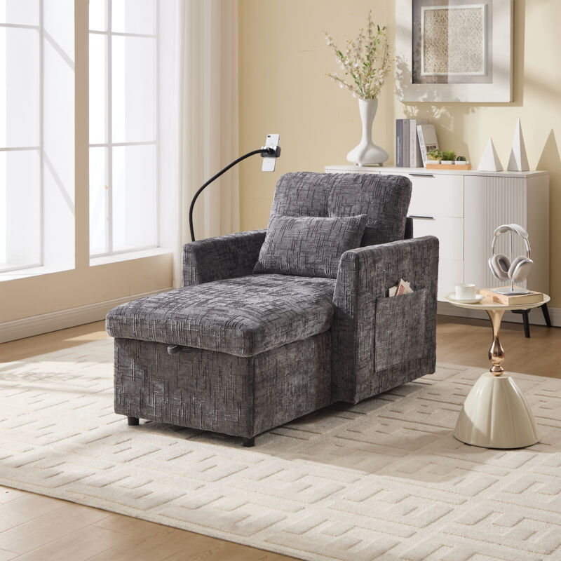 Fauteuil-Lit Moderne Fauteuil Relax avec Rangement, Support de Téléphone Canapé 1 Place pour Salon Chambre - Tissu Chenille - Gris