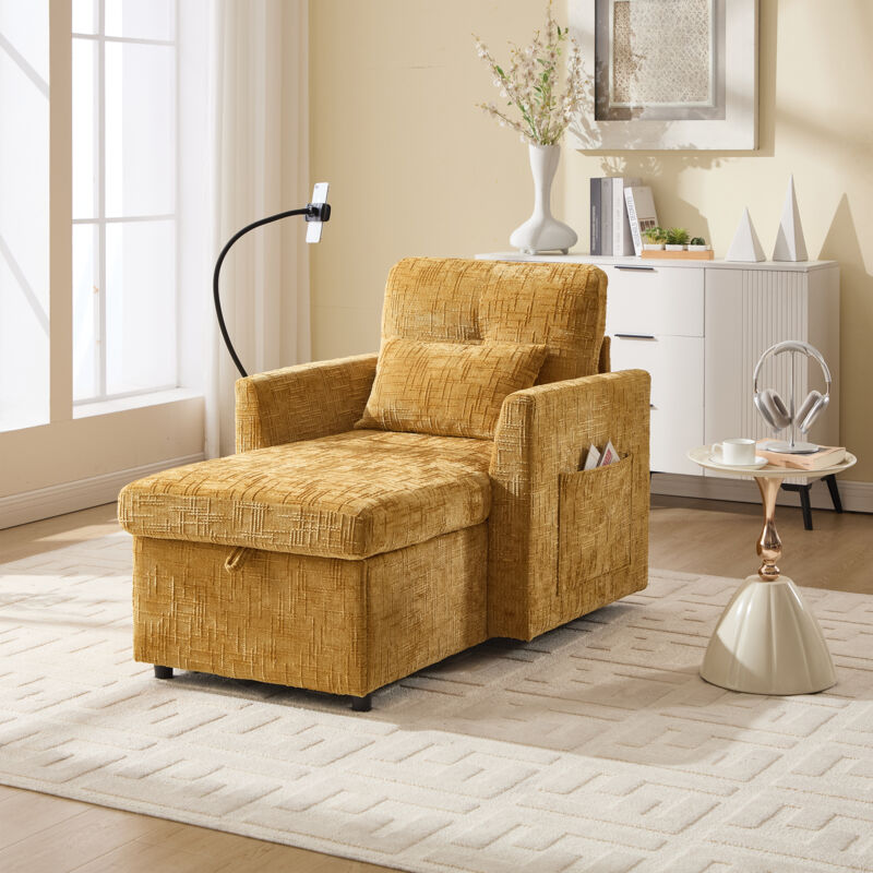Fauteuil-Lit Moderne Fauteuil Relax avec Rangement, Support de Téléphone Canapé 1 Place pour Salon Chambre - Tissu Chenille - Jaune