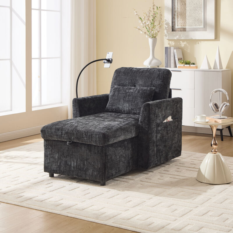 Fauteuil-Lit Moderne Fauteuil Relax avec Rangement, Support de Téléphone Canapé 1 Place pour Salon Chambre - Tissu Chenille - Noir