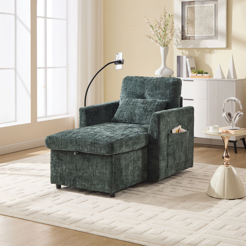 Fauteuil-Lit Moderne Fauteuil Relax avec Rangement, Support de Téléphone Canapé 1 Place pour Salon Chambre - Tissu Chenille - Vert