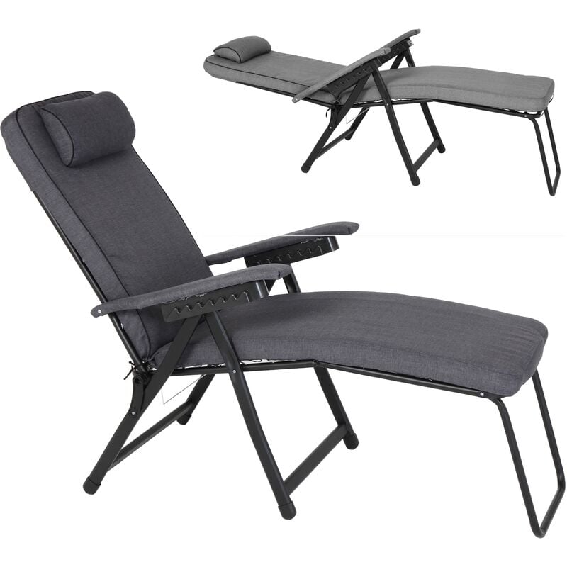 Chaise longue avec repose-pieds en acier gris fonction lit re'glable 6 + 1 positions pour jardin exte'rieur