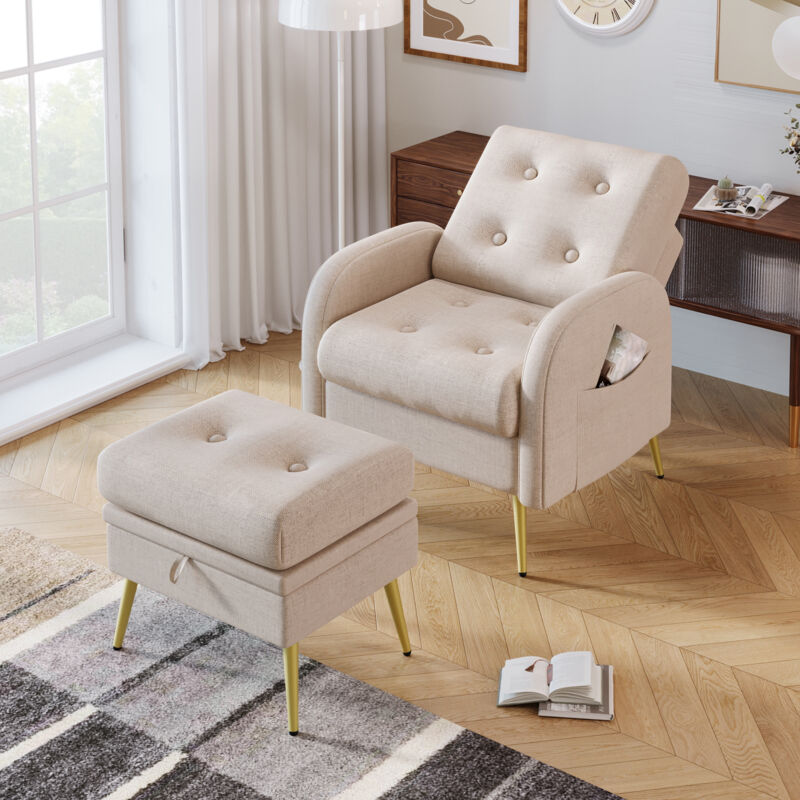 Fortuna Lai - Fauteuil longue avec repose-pieds - dossier réglable sur 3 niveaux, inclinable - avec étagère latérale - 68x77x85cm Beige