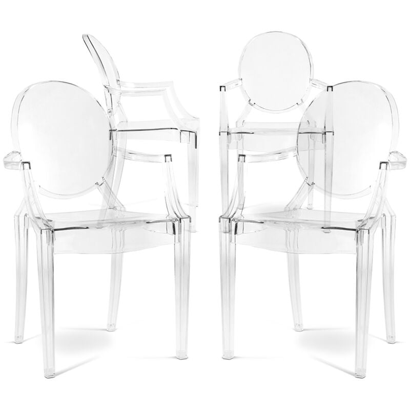 Privatefloor - Lot de 4 chaises de salle à manger - Transparentes - Design avec accoudoirs - Louis xiv Transparent