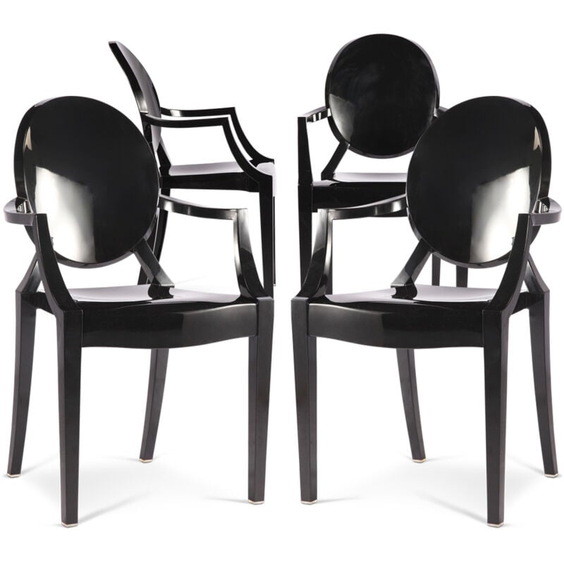 Privatefloor - Lot de 4 chaises de salle à manger - Transparentes - Design avec accoudoirs - Louis xiv Noir