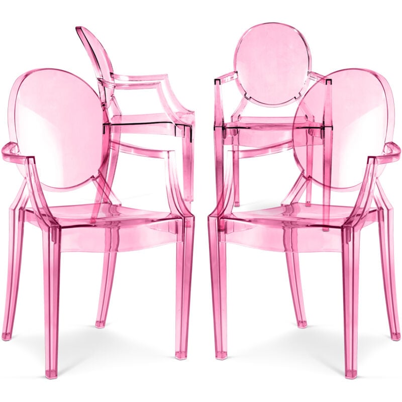 Privatefloor - Lot de 4 chaises de salle à manger - Transparentes - Design avec accoudoirs - Louis xiv Rose transparent