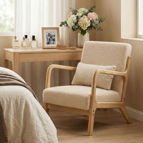 Fauteuil lounge - 3 coussins inclus - assise profonde - accoudoirs - structure bois hévéa - aspect velours beige