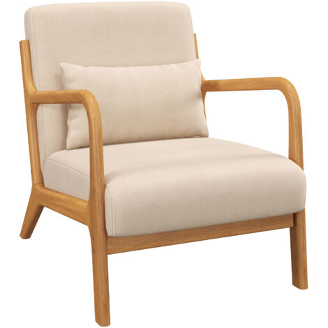 Fauteuil lounge - 3 coussins inclus - assise profonde - accoudoirs - structure bois hévéa - aspect velours beige(Mi)