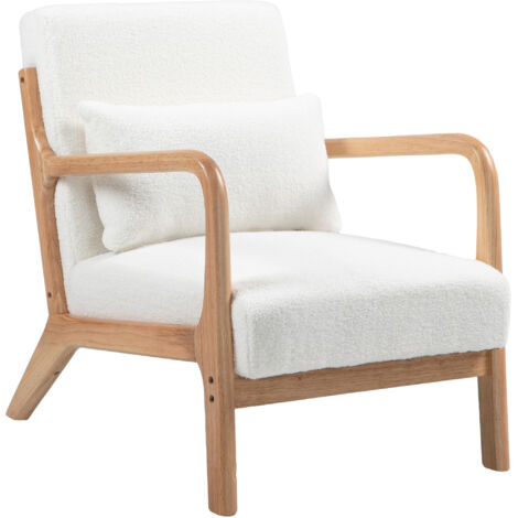 Fauteuil lounge 3 coussins inclus assise profonde accoudoirs structure bois hévéa aspect velours crème