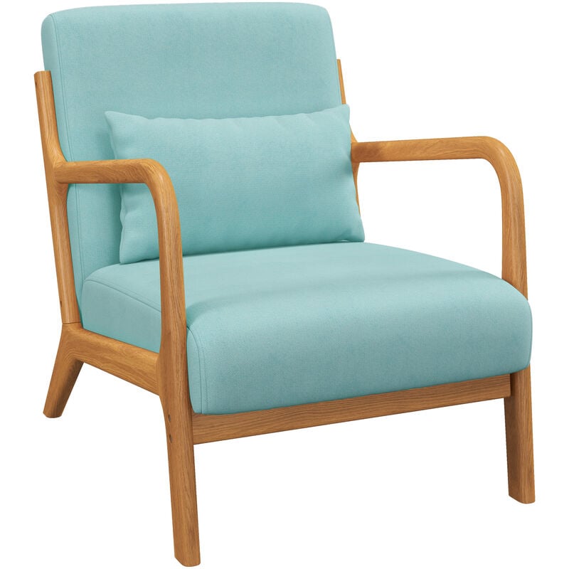 Homcom - Fauteuil lounge - 3 coussins inclus - assise profonde - accoudoirs - structure bois hévéa - aspect velours turquoise
