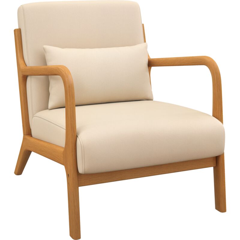Homcom - Fauteuil lounge - 3 coussins inclus - assise profonde - accoudoirs - structure bois hévéa - aspect velours beige