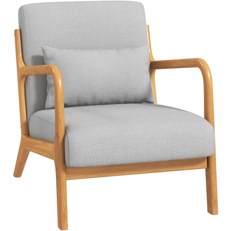 Fauteuil lounge - 3 coussins inclus - assise profonde - accoudoirs - structure bois hévéa - aspect lin gris