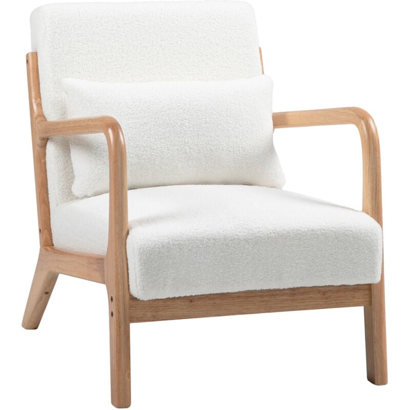 Homcom - Fauteuil lounge - 3 coussins inclus - assise profonde - accoudoirs - structure bois hévéa - effet laine bouclée blanc