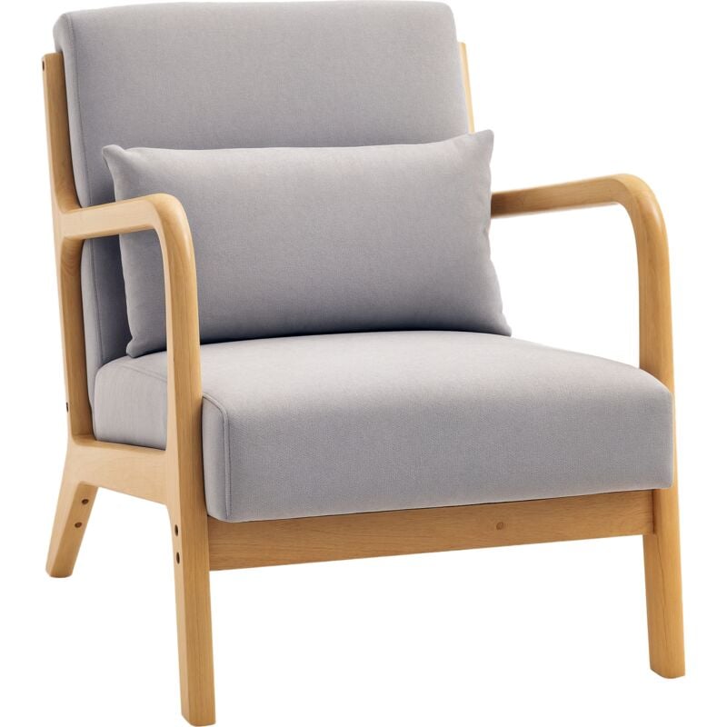 Homcom - Fauteuil lounge - 3 coussins inclus - assise profonde - accoudoirs - structure bois hévéa - aspect velours gris