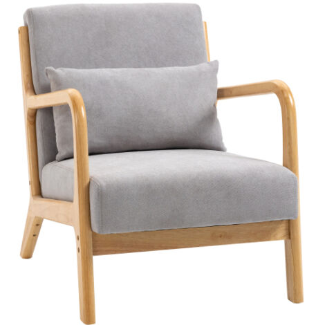Fauteuil lounge avec accoudoirs, coussin lombaire et structure en bois, en polyester, gris