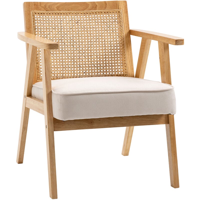 Homcom - Fauteuil lounge avec coussin - dossier en cannage - assise profonde - accoudoirs - structure bois hévéa - aspect lin beige