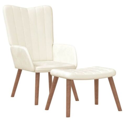 Fauteuil lounge avec repose-pieds, en velours blanc cassé.