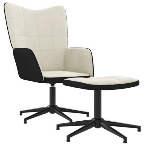 Fauteuil lounge avec repose-pieds, en velours blanc cassé et PVC.