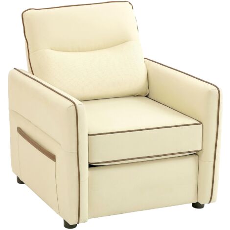 Fauteuil lounge beige moderne avec coussins épais et moelleux, poches latérales et revêtement en similicuir.