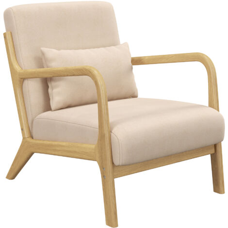 Fauteuil lounge beige velours, 3 coussins, assise profonde, accoudoirs, bois hévéa