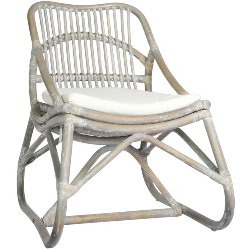 Fauteuil lounge chaise de relaxation design rustique en rotin gris avec coussin crème DEC026792