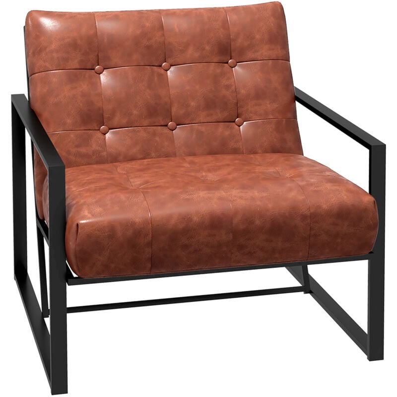 Fauteuil lounge style Chesterfield effet capitonné métal noir revêtement synthétique marron fauve