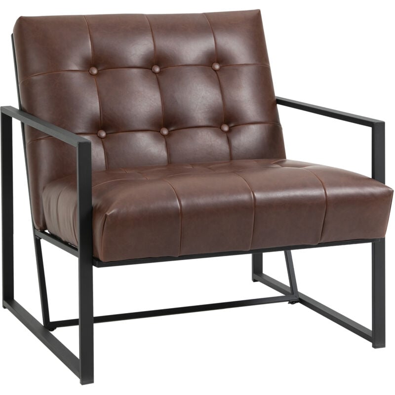 Fauteuil lounge Chesterfield assise dossier capitonnés structure métal noir revêtement synthétique chocolat