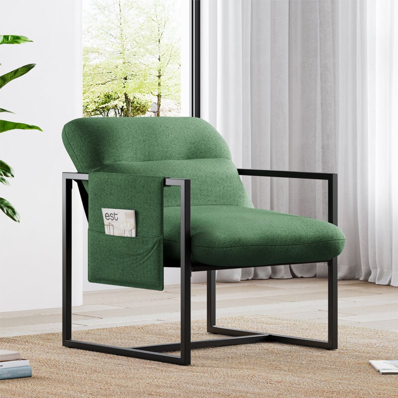 Yoleo - Fauteuil Confortable,Fauteuil de lecture,Cadre en métal,Laine d'agneau Rembourré,Poches latérales de rangement,78x65x80cm,Vert